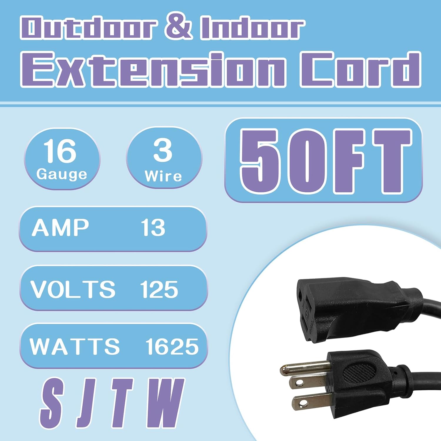 Indoor Outdoor Extension Cord 50 FT, 16/3 SJTW Weatherproof Black Electrical Cords, 13 AMP Heavy Duty 3 Prong Power Cable Great for Garden, Landscaping & Holiday Decorations