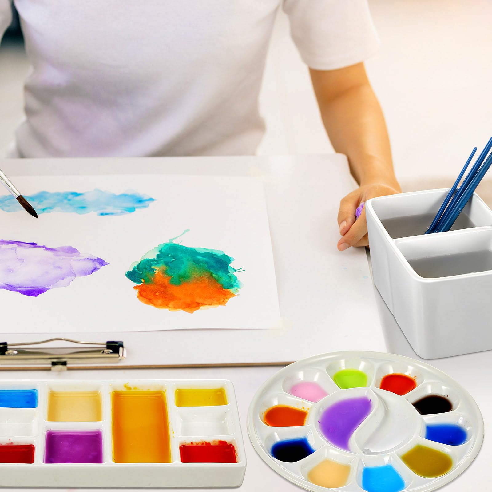 Skyygemm Set mit 3 Keramik-Künstler-Farbpaletten, inklusive Keramik-Künstler-Palette, leicht zu reinigen, rund, Porzellan, Aquarellfarbe, Pinsel, Waschschüssel für Aquarell-, Gouache-Malerei, Weiß