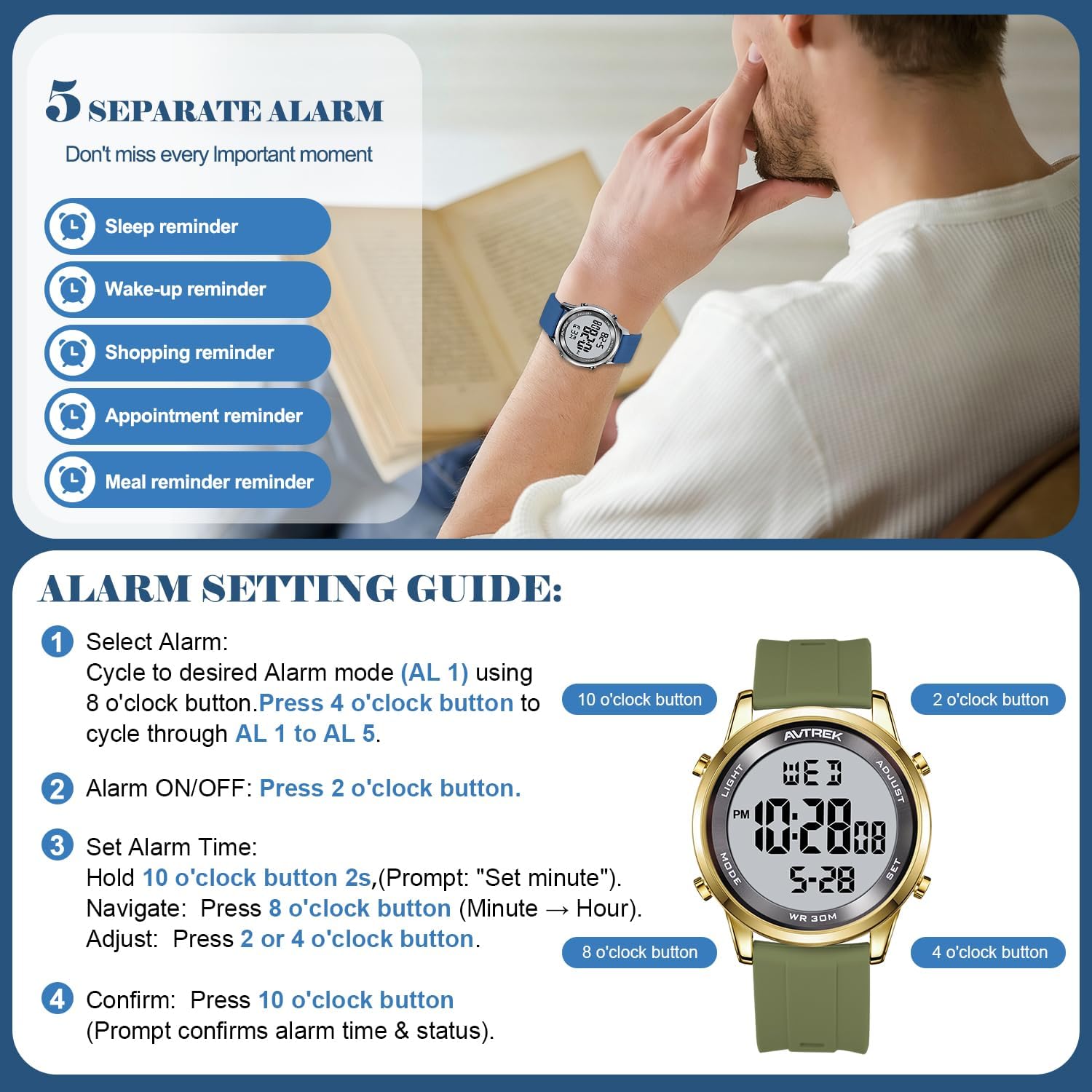 AVTREK Ultra-Thin Digital Watch Waterproof,Mens Wristwatch with Timer/Countdown/Alarm/Hourly Chime/LED Backlight,Easy to Read,12h/24h