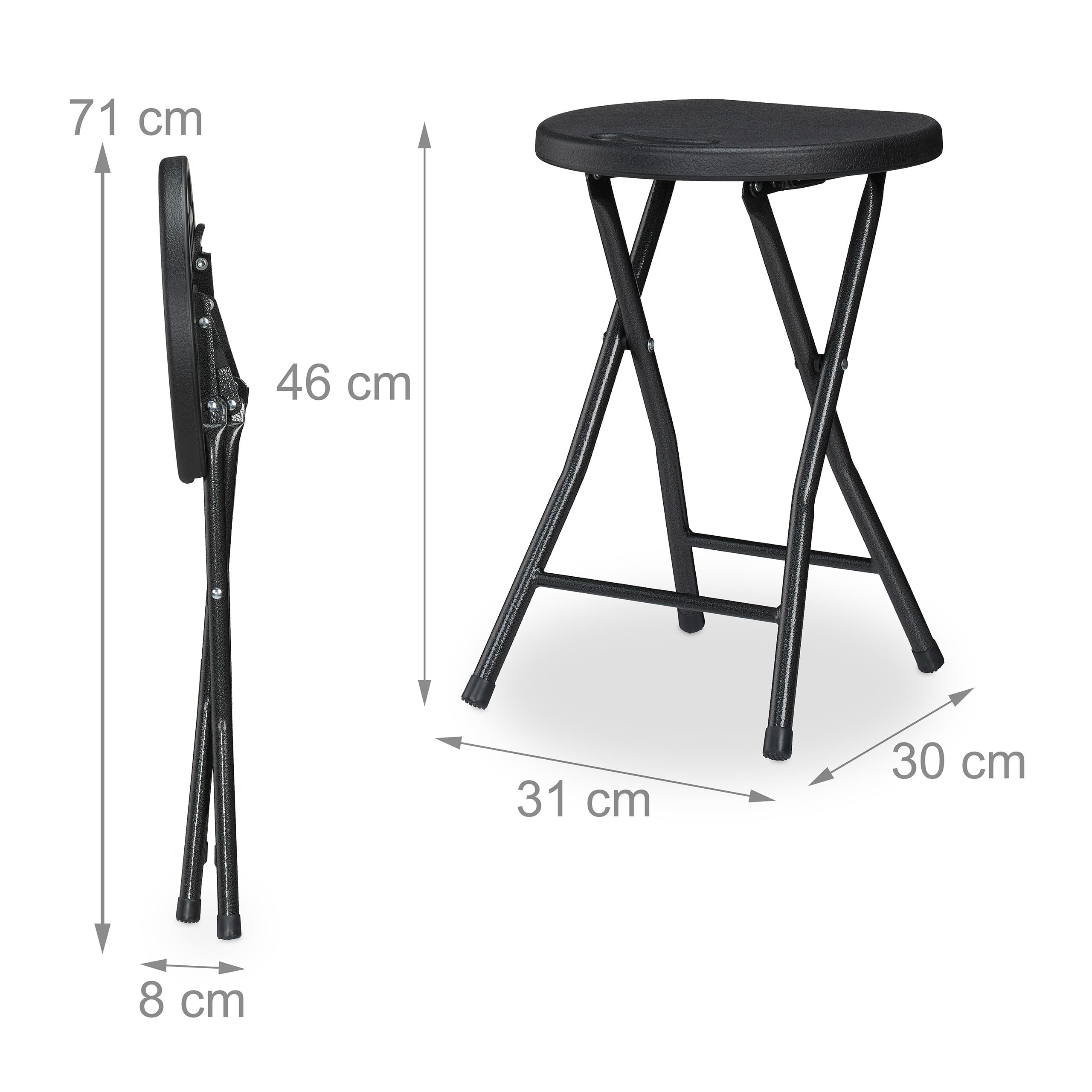 Relaxdays Tabouret Pliant, Lot de 2, HLP : 46x31x30 cm, Chaise de Jardin, terrasse, Balcon, poignée, Noir