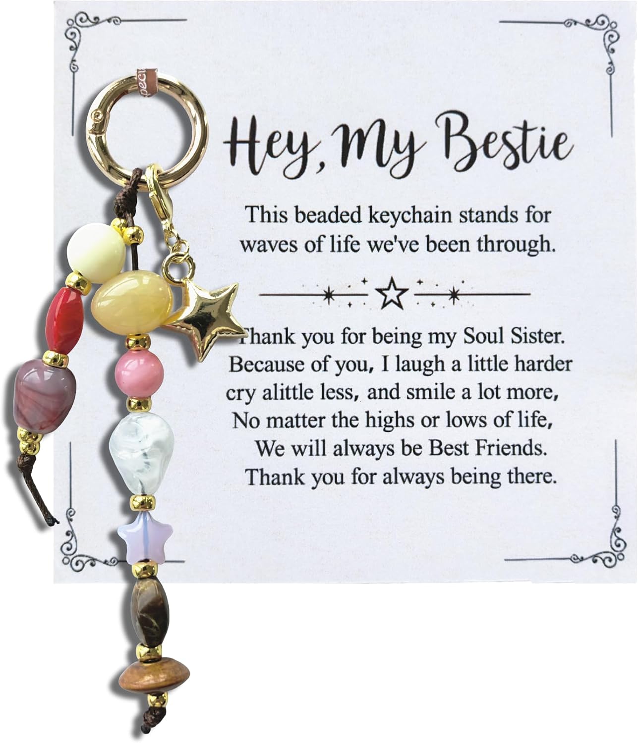 Star Charm Natural Stone Beaded Keychain,Birthday&Retirement Gift for Women
