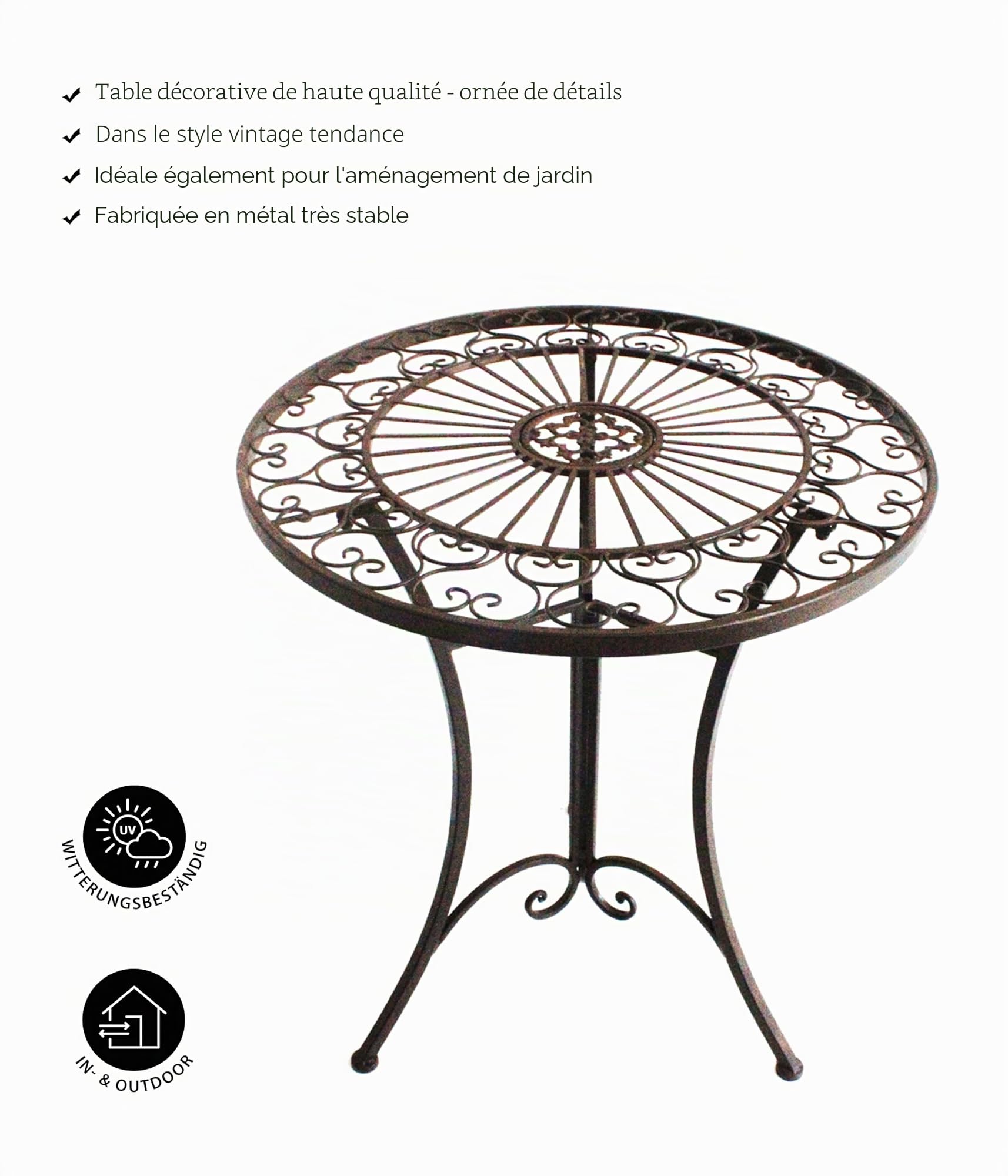Dehner Table de Jardin Antique, résistante aux intempéries, Table décorative pour intérieur/extérieur, env. Ø 61 cm, Hauteur 72 cm, Fer, Marron foncé
