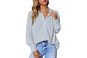 Roswear Women's Casual V Neck Cuffed Sleeves Solid Chiffon Blouse Top