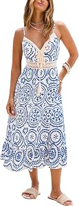 CUPSHE Womens Boho Midi Dresses Summer Spaghetti Strap Crochet Lace V Neck Drawstring Waist Beach Vacation Casual Sundress