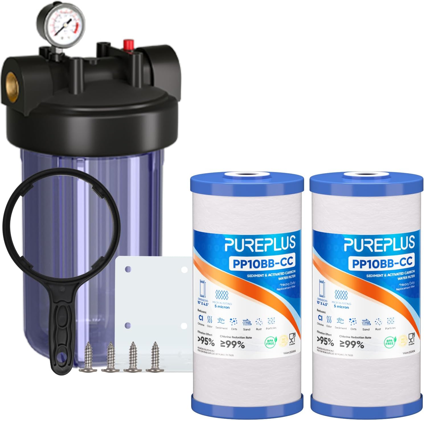 PUREPLUS Whole House Water Filter, 10"x4.5" Universal Housing, Clear, with 2 Compound Water Filters, Reduceing Chlorine, sand, rust, sediment, color, Replacement for FXHTC, GXWH40L, GXWH35F, GNWH38S