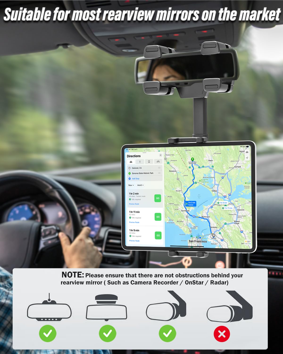 Tablet Halterung Auto Rückspiegel - [Superstabile 4 Klemmen], Handyhalterung Auto Spiegel, für 4-12,9 Zoll Handy & Tablet, iPad Pro/Air/Mini, Galaxy, Lenovo Tablet, iPhone 15/14/13 usw