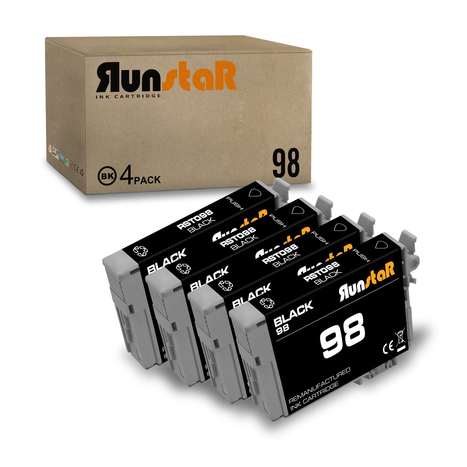 Run Star 98 T098 Black Remanufactured Ink Cartridge Replacement for Epson T098 98 T099 use with Epson Artisan 700 710 725 730 800 810 835 837 Inkjet Printer (4 Black)