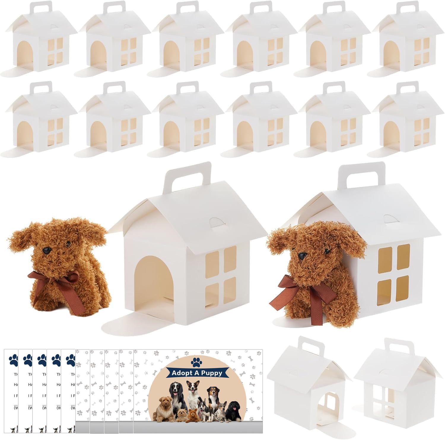 LOVYNO 26 Pcs Dog Party Favor Boxes with Pet Adoption Certificate, Dog House Shape Treat Gift Boxes with Holes, Adopt A Puppy Party Supply Boxes for Pet Adoption Theme DIY Crafting Party