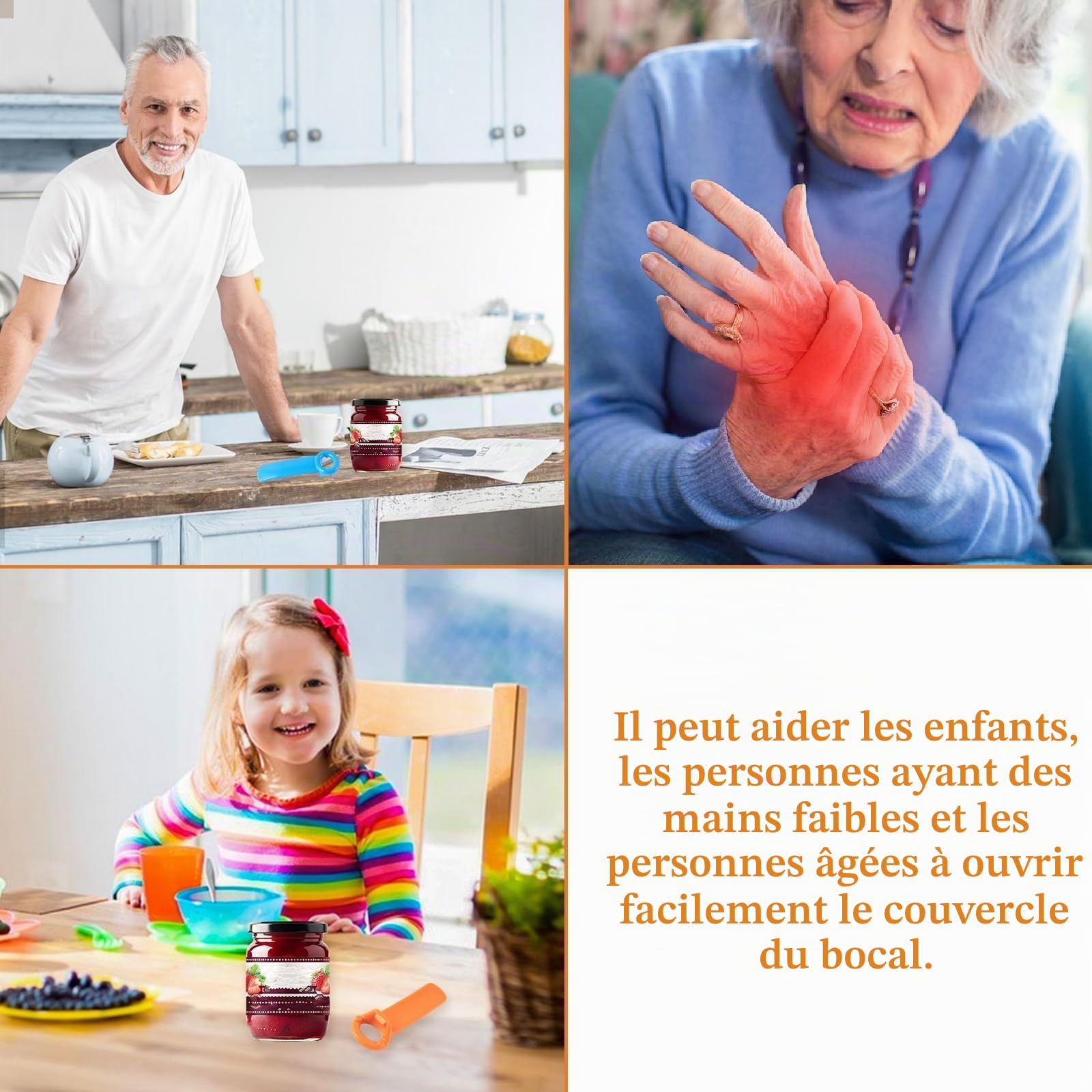 Ouvreur de Bocaux Manuel 3 Pièces, Ouvre Bocal Sans Effort pour Personnes Âgées Enfants Femmes Mains Fragiles