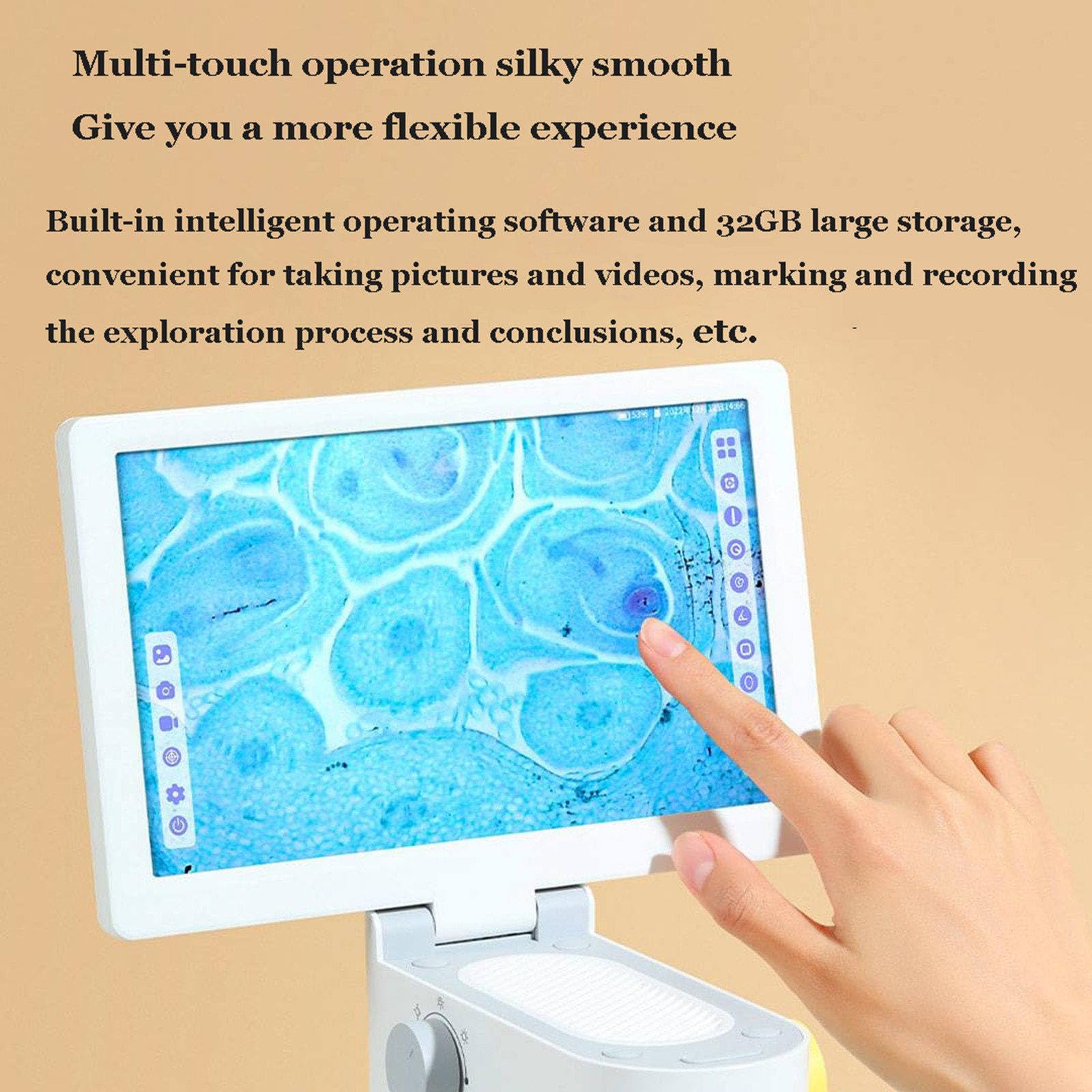 Microscopio biologico con schermo multi-touch da 9 pollici, doppia sorgente luminosa a LED e 3 set di obiettivi per connessione multi-dispositivo