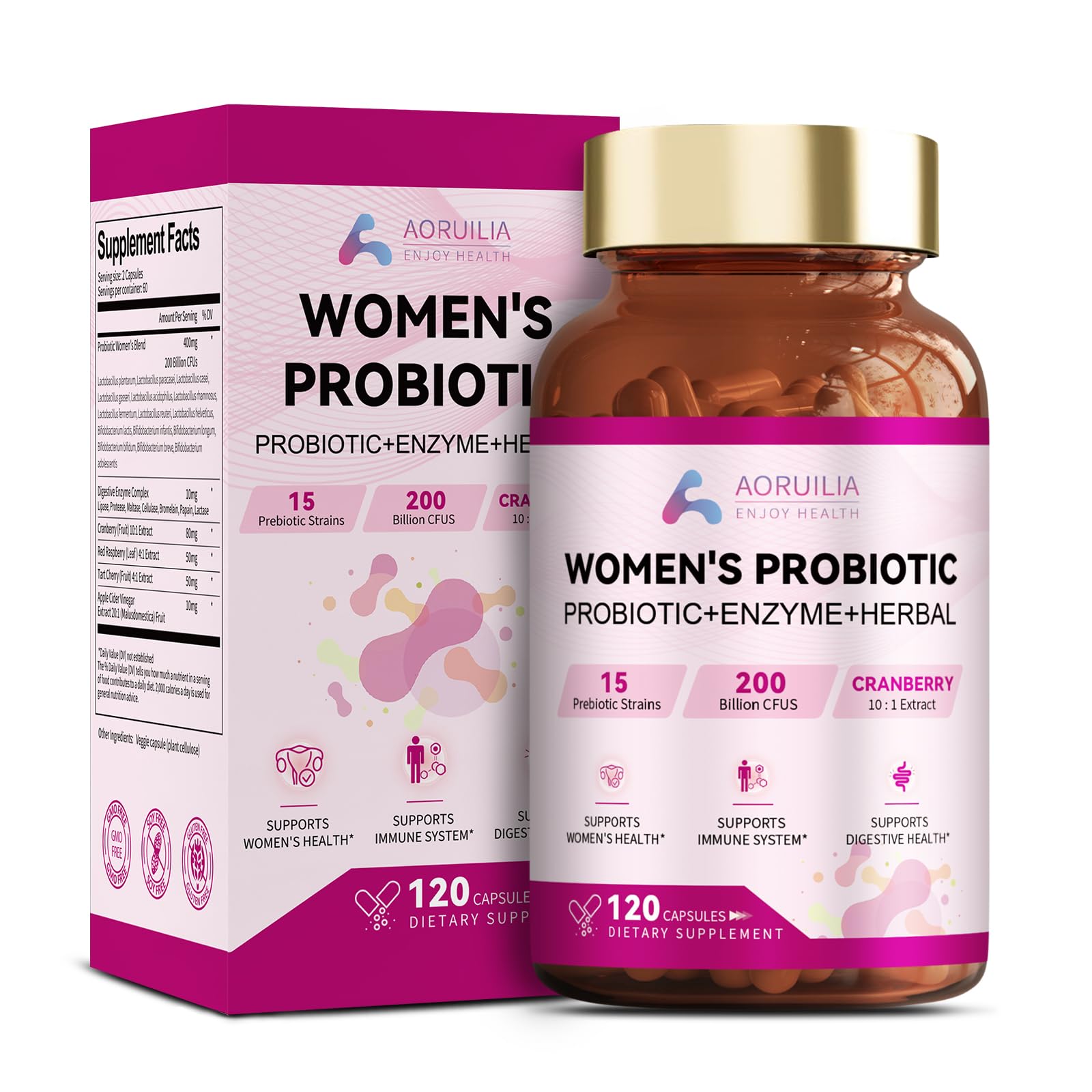 Probiotics for Women 200 Billion CFUs per Serving, Women's Probiotics Natural Prebiotics, 15 Strains, Digestive Enzymes, Cranberry Extract for Women Health, Immune, Digestion & Gut Wellness - 120 Caps