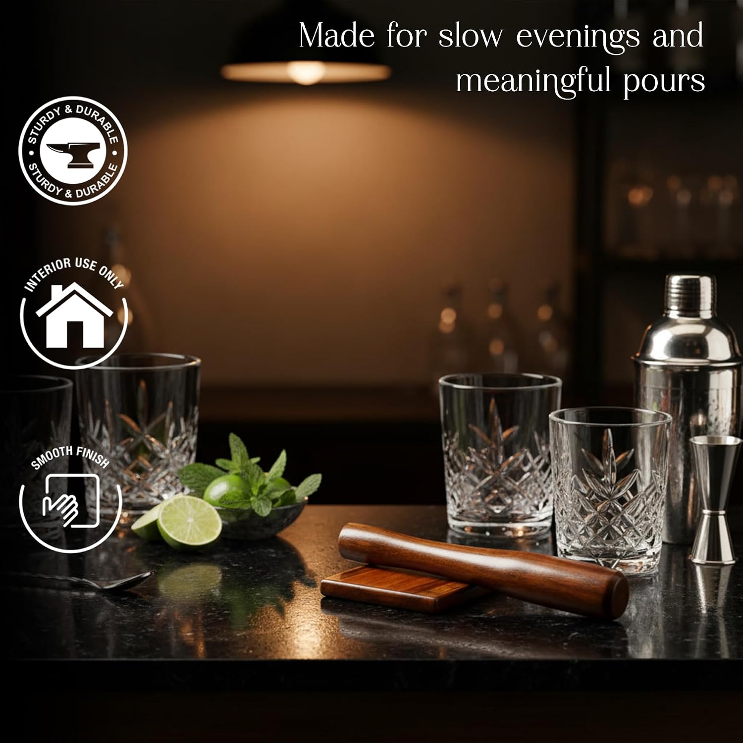 Wooden Cocktail Muddler with Coaster | Handcrafted Solid Wood Drink Muddler for Mojitos, Old Fashioned & Home Bar | Durable, Smooth Finish (Natural brown)