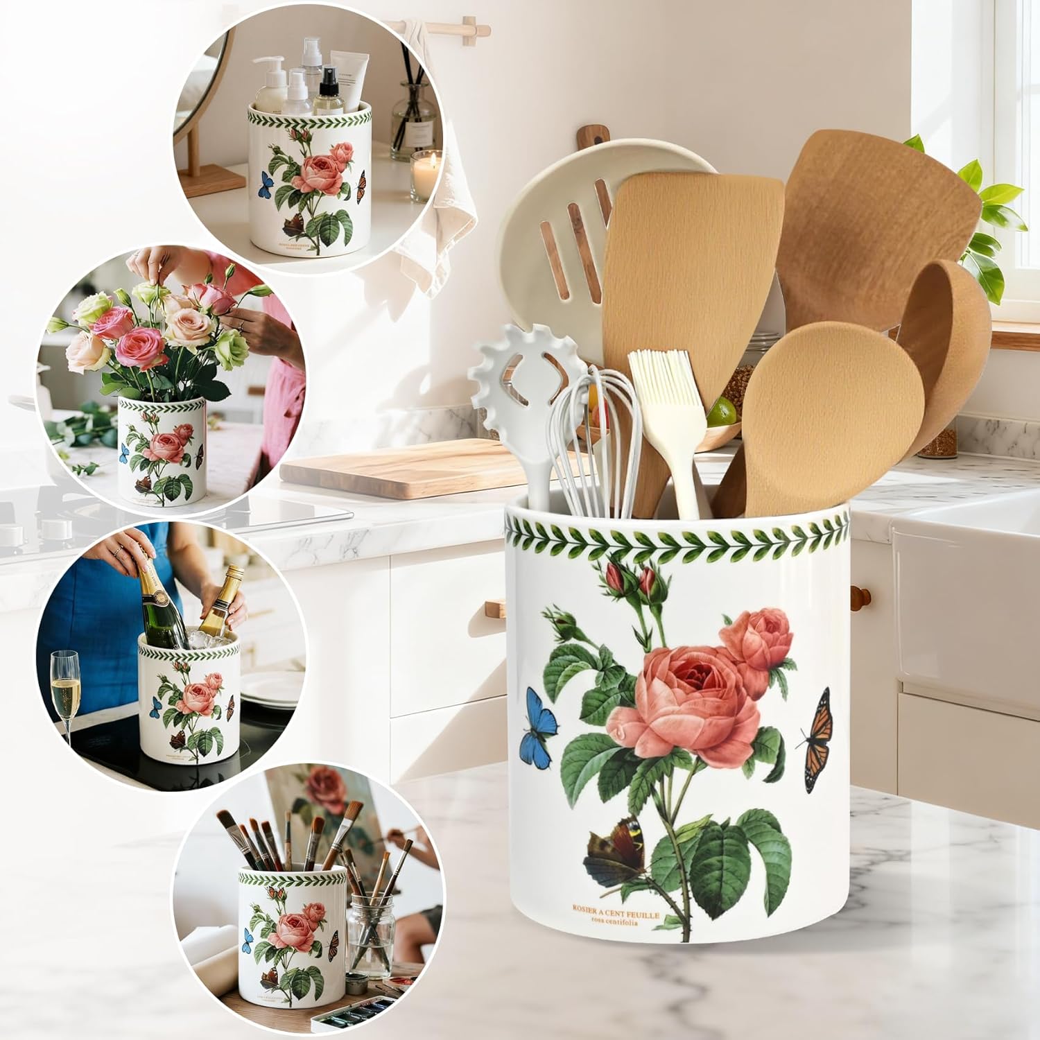 ACMLIFE Extra Large Cooking Utensil Holder, 7.3" Kitchen Utensil Holder for Countertop, Utensil Crock for Farmhouse Kitchen Decor, Ceramic Stable Utensil Caddy, Floral (Rose)