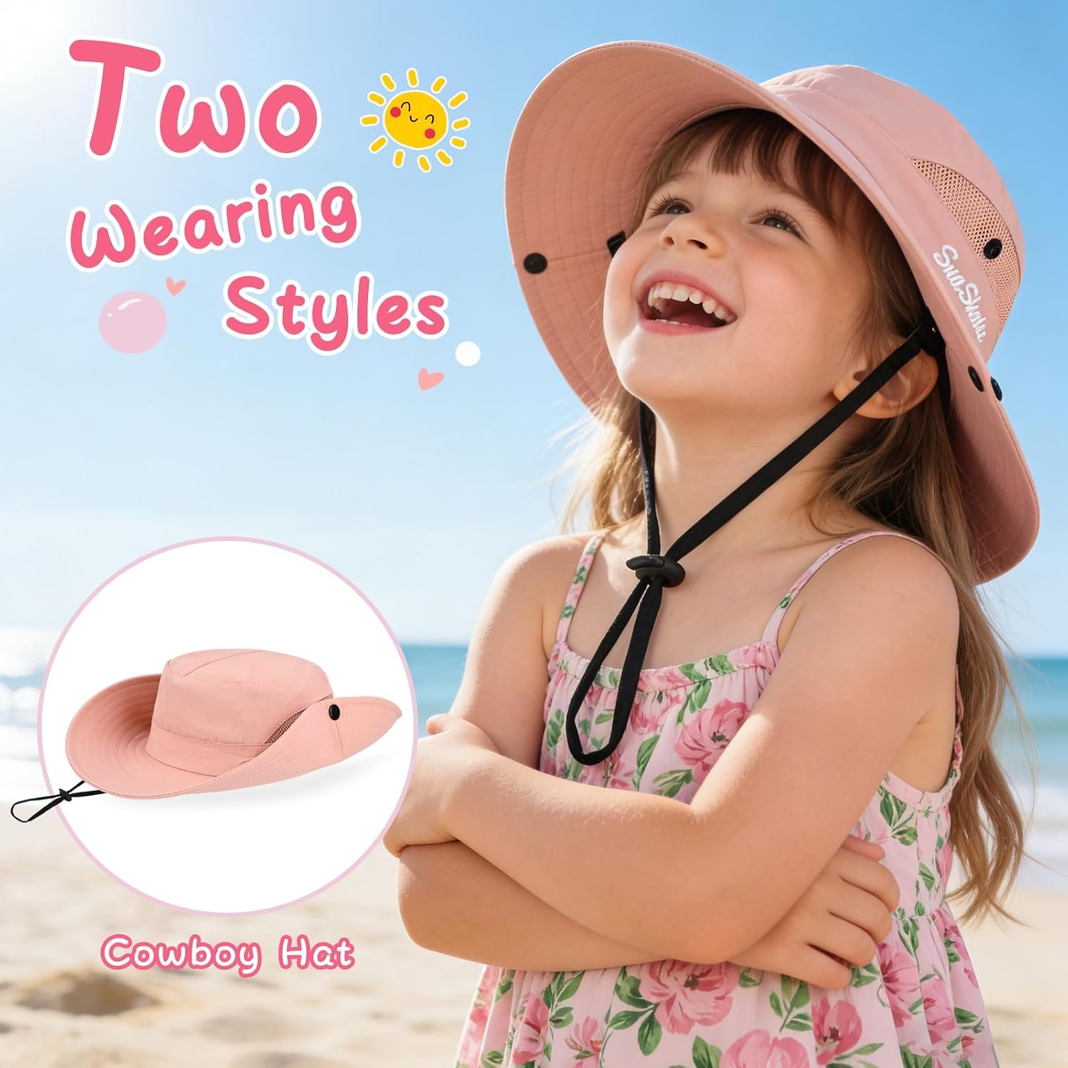 Kids Girls Ponytail Sun Hat UPF 50+ UV Protection Quick Dry Bucket Cap Adjustable Foldable Mesh for Beach Fishing Outdoor