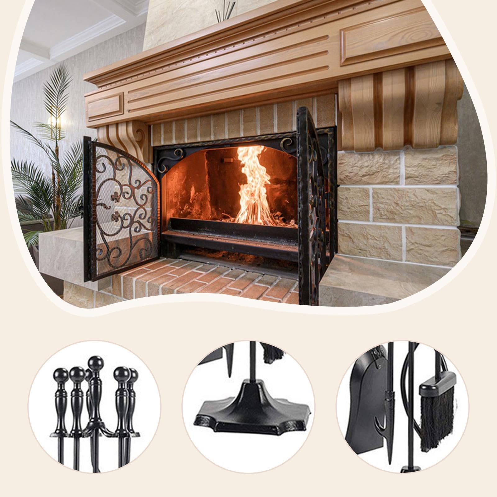 Juego de Herramientas para Chimenea, Base Estable, Pala Resistente, Pinzas Portátiles, Plancha