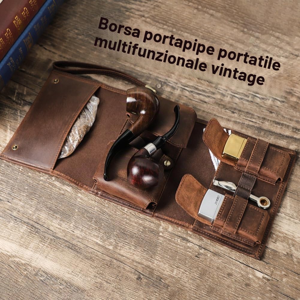 CONTACTS Borsa da viaggio in vera pelle per 2 tubi, accendini, sigarette, Marrone, Vintage