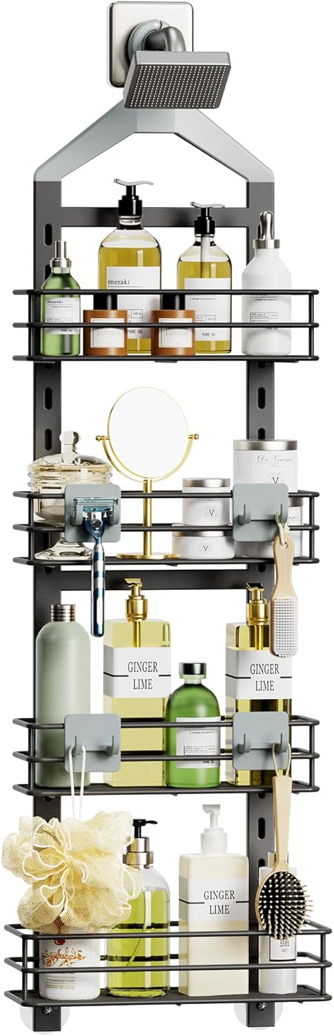 Orimade 4 Tier Adjustable Anti-slip Shower Caddy over Shower Head,Rustproof Bathroom Hanging shower Organizer with 4 Hooks for Razor,No Drilling Shower shelves Storage Rack,Grey