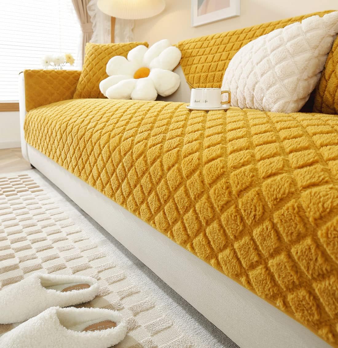 vctops Plaid Sherpa Fleece Sofa Couch Cover Solid Color Warm Cozy Sectional Couch Covers Fuzzy Plush Sofa Slipcover for Dogs, Children, Pets Furniture Protector (Yellow,36"x63")