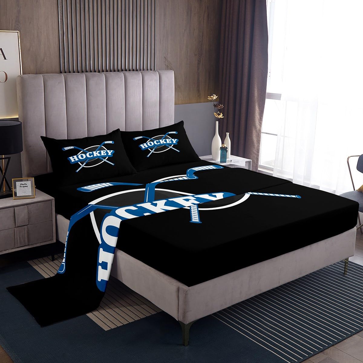 jejeloiu Ice Hockey Sheet Set Ice Sports Games Sheets with Deep Pocket Fitted for Kids Boys Girls Teens Room Decor Hockey Black Blue Bed Cover King Size Winter Sports 4Pcs Soft Lightweight Microfiber