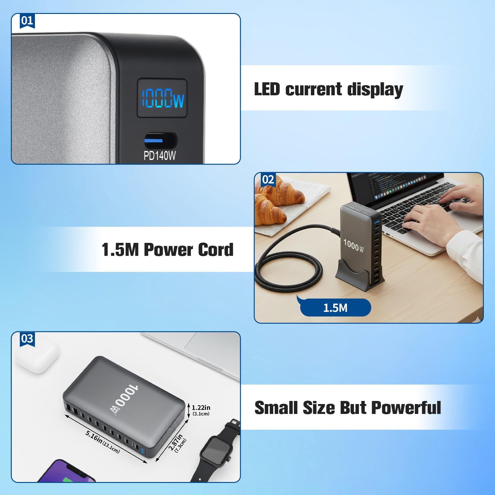 1000W USB C Ladegerät Mehrfach, 10 Ports Schnellladegerät Ladestation mit 8×USB-C-Ports (140W/100W) und 2×USB-A-Ports (20W QC), für iPad, iPhone 16/15