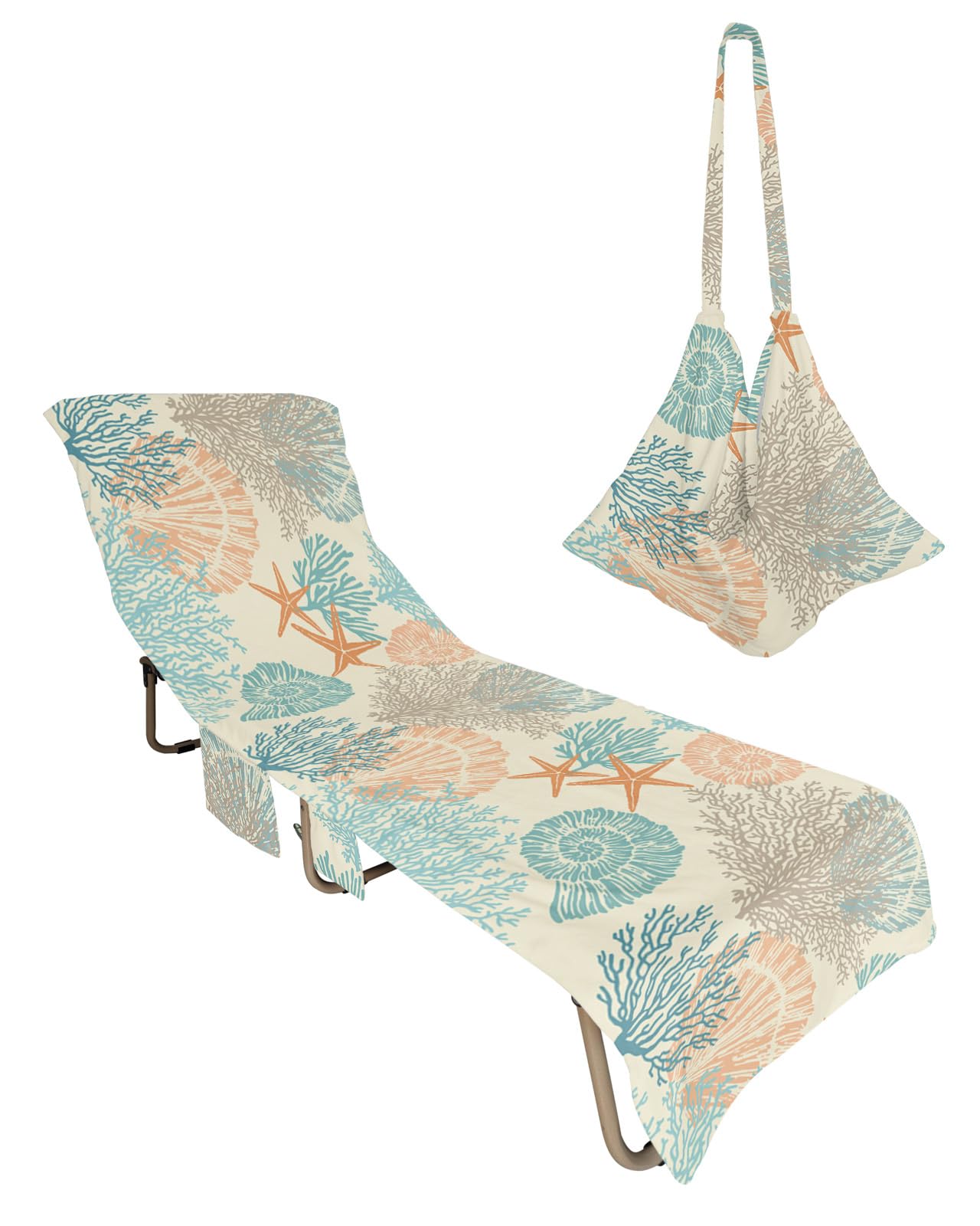 Vintage Blue Orange Grey Coastal Beach Lounge Chair Towel Cover, Soft Chaise Lounge Towel with Side Pockets Patio Pool Chairs Cover for Beach/Pool Sunbathing 29x85 Summer Beach Coral Nautical Seaside