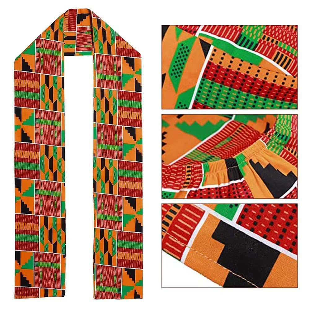 2 Pezzi Africani Kente Stampa Stola Fascia, Unisex Africano Modello Kente Scialle Cappello Kufi per Storia Africana Nera Uomo Bambino