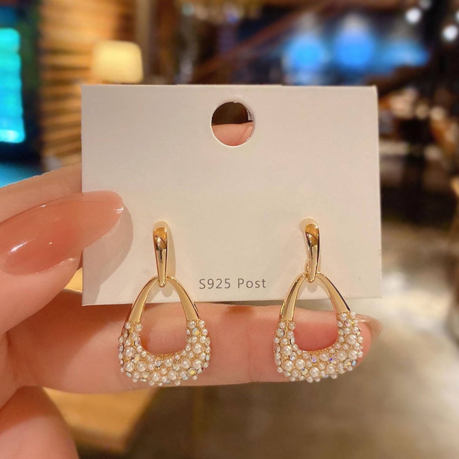 Boho Gold Beaded Pearl Pendant Drop Dangle Earrings for Women,Geometric Crystal Long Pearl Hoop Earrings,Statement Dangling Earrings - Image 4