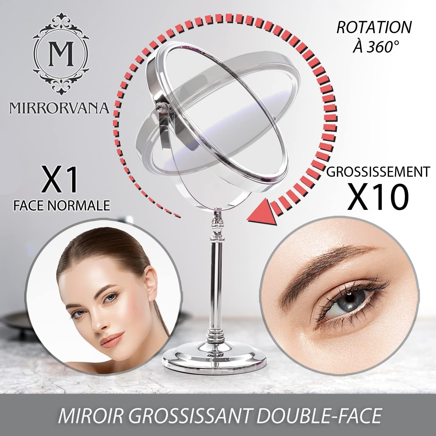 Mirrorvana Miroir grossissant 10x Rond pour Salle de Bain, Miroir de Table pour Maquillage avec Rotation à 360°, Miroir sur Pied 10x et 1x (20 cm)