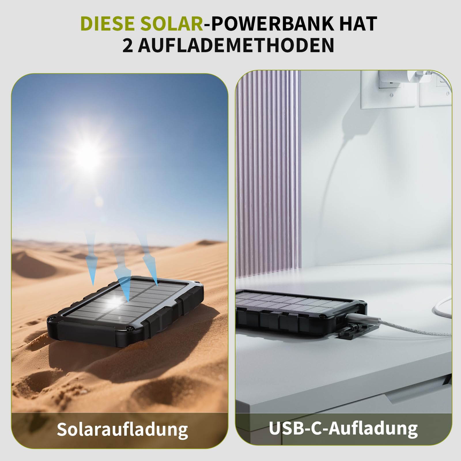 Solar Powerbank 10000mAh PD 22.5W Tragbares Solar Ladegerät USB C Outdoor Wasserdicht Externer Akku mit LED-Licht und 3 Ausgängen für Tablets Smartphones Outdoor Camping Schwarz