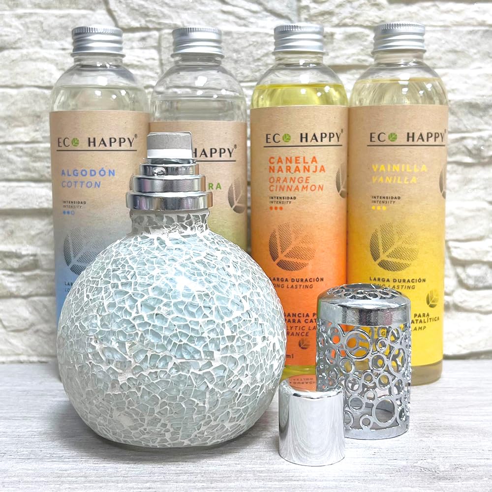 Pack lámpara catalítica Mosaico Blanco + Fragancia Aroma Vainilla Eco 245 ml - Elimina Malos olores, Limpia, sanea y perfuma el Ambiente