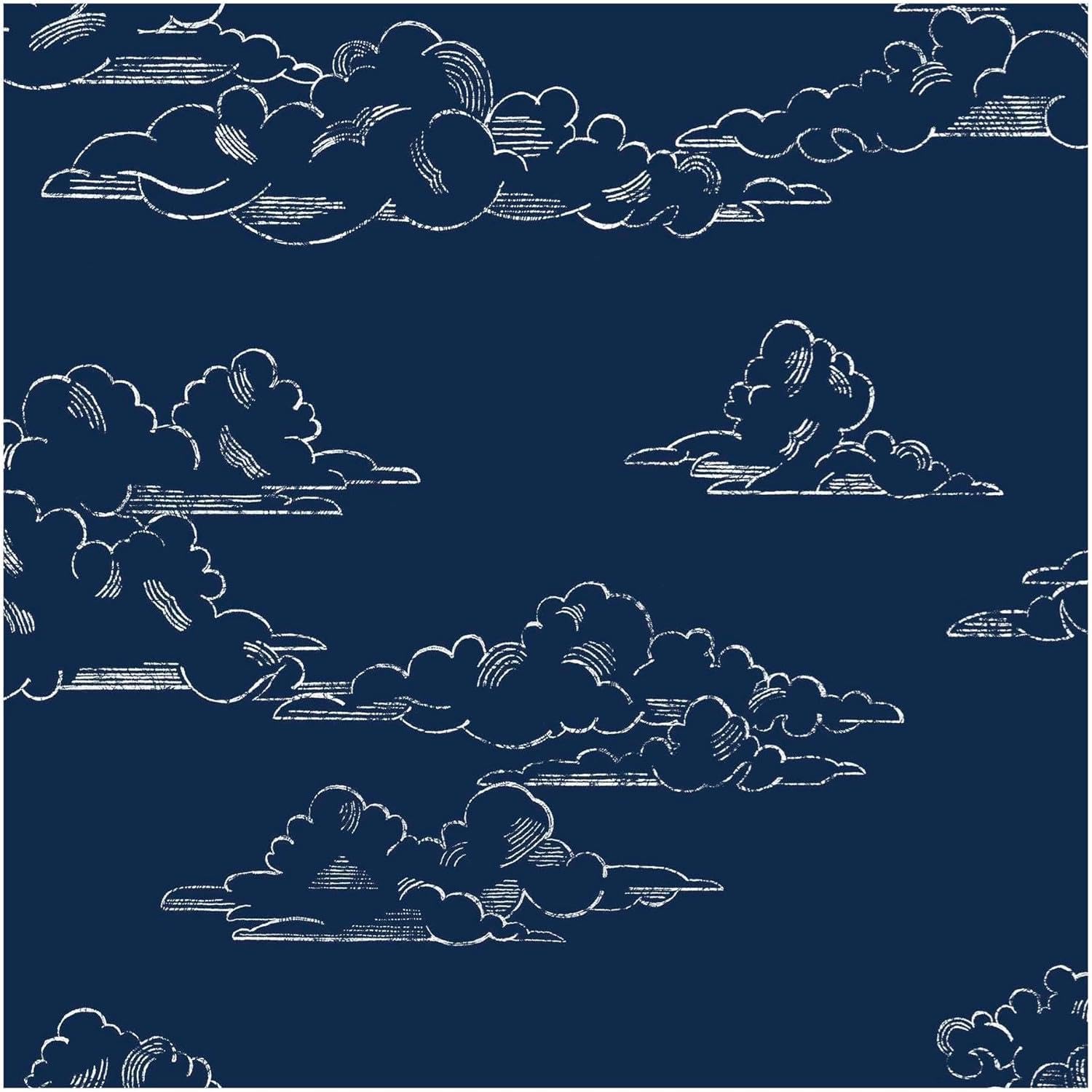 Yöl Blue/White Vintage Clouds Wallpaper - Navy Chalk Clouds - Paste The Wall - Line Art Sketch - Nautical Nursery Contrast