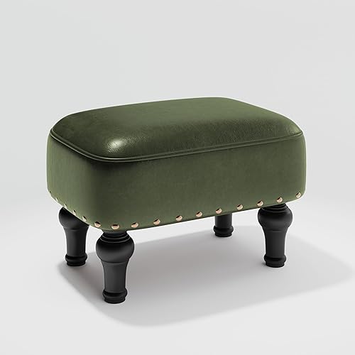 Reposapiés de cuero otomano con asiento acolchado de espuma más gruesa, taburete con patas de madera (verde)