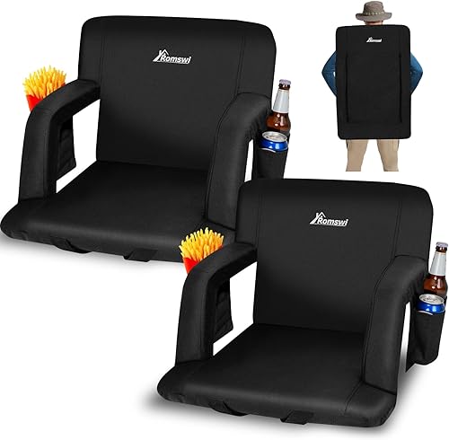 Romswi 2 Pack Silla de estadio reclinable con mochila extra amplia y reposabrazos, 6 ángulos ajustables y ganchos ocultos, silla para tribuna con