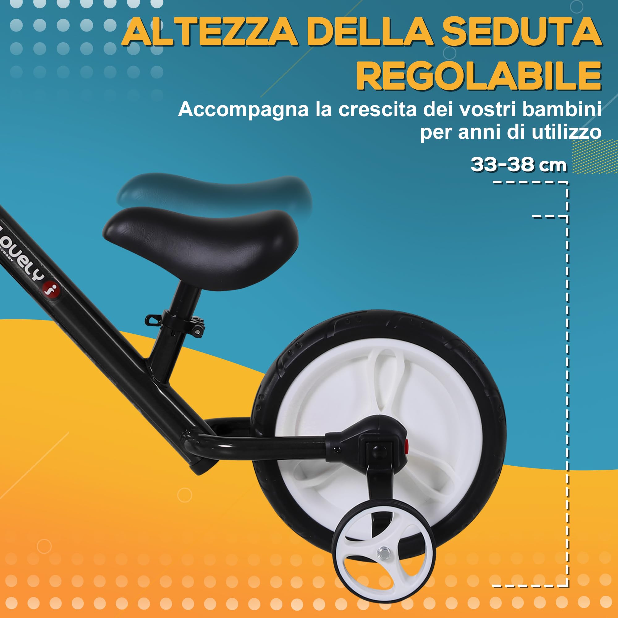HOMCOM Bicicletta Senza Pedali per Bambini da 2 a 5 Anni, 25 kg, Nero | Balance Bike, Sellino Regolabile, Ruote Ausiliarie e Pedali