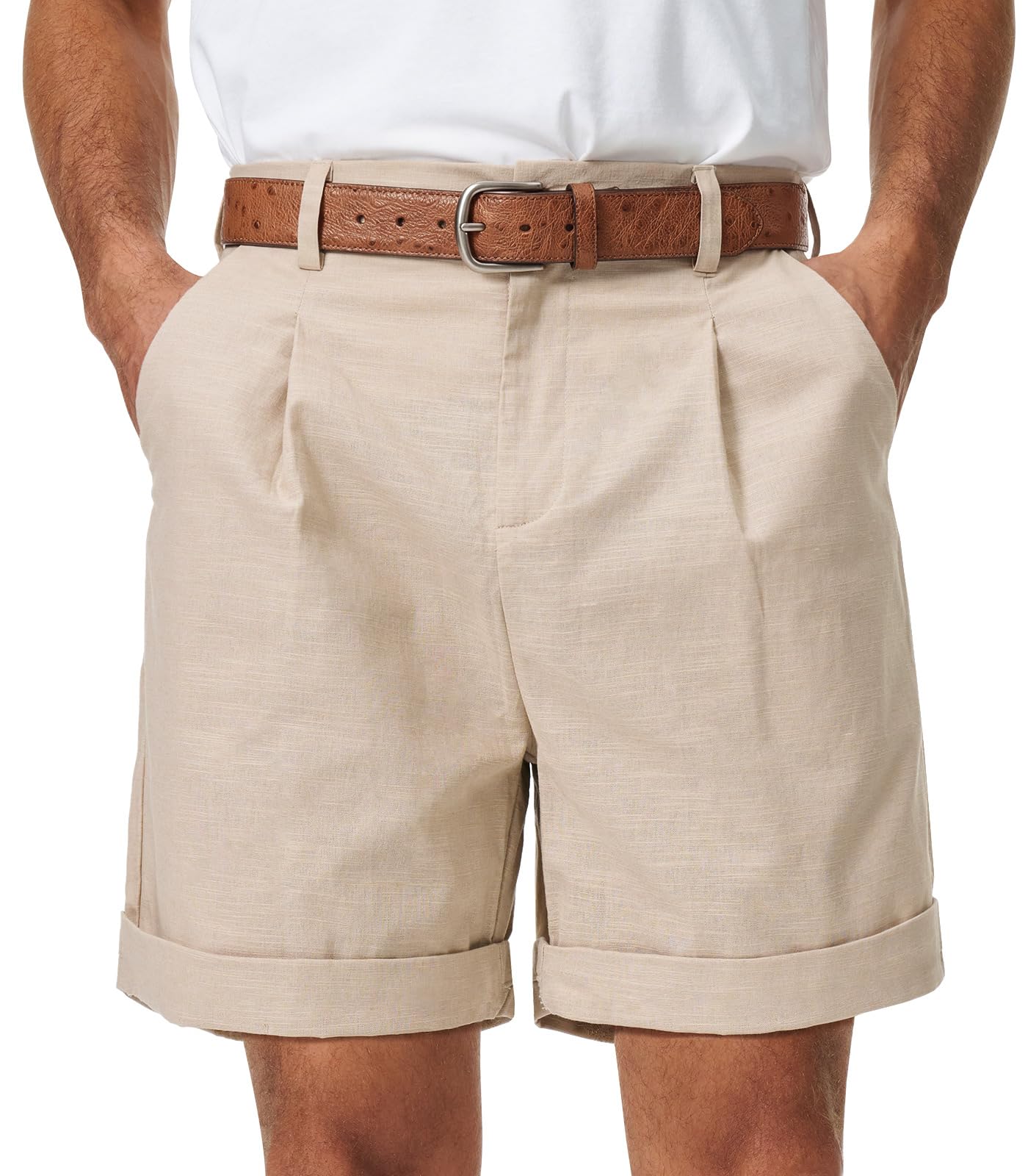 Pantalones Cortos de Algodón y Lino Bermudas Hombre Verano Chinos Clásico con Bolsillo