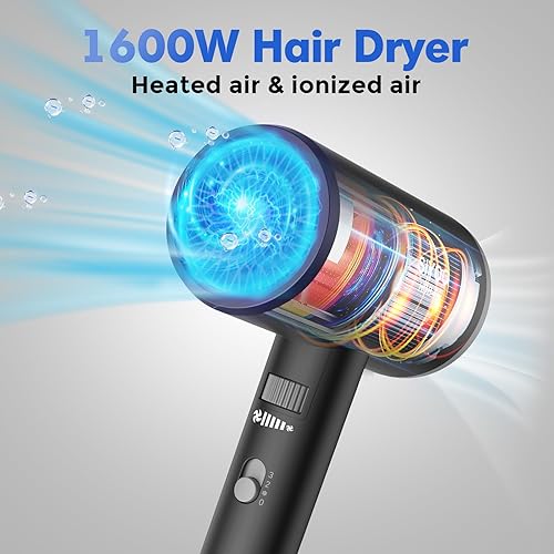 Miniatura 3 de SIYOO - Secador de pelo profesional iónico con difusor y boquilla, iones negativos de 1600 W, secador de pelo con luz de salón para hombre y mujer,