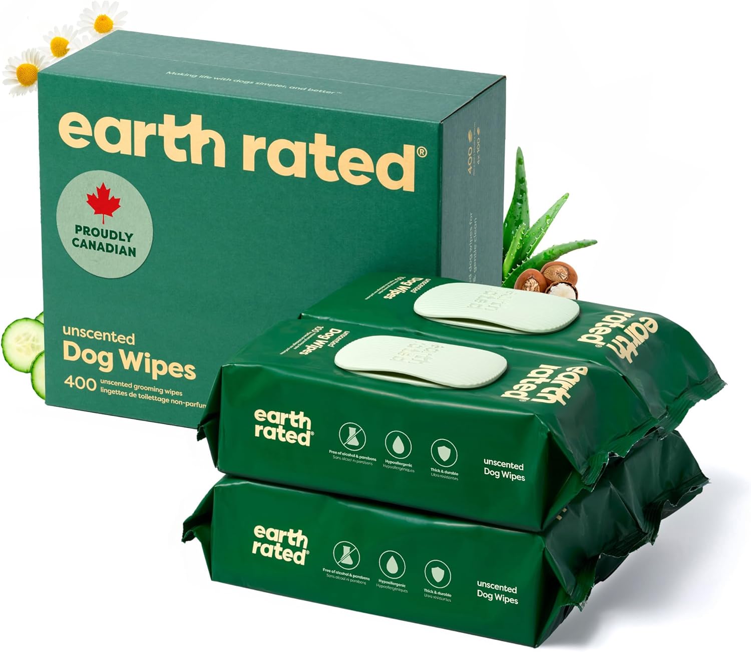 Earth Rated (A Canadian Company) Pet Wipes for Dogs and Cats, Hypoallergenic, Cleaning and Hydrating, for Grooming Paws, Body and Butt, Unscented, 400 Count
