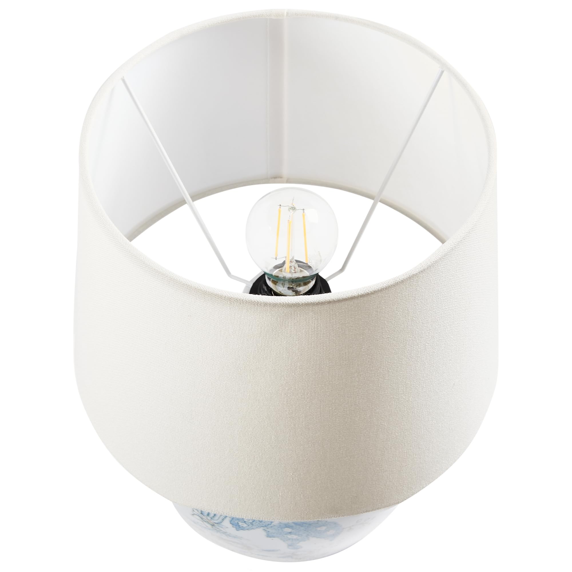 Beliani Lámpara de mesa elegante con base de porcelana con estampado pantalla de lino tambor iluminación blanco y azul Jamapa