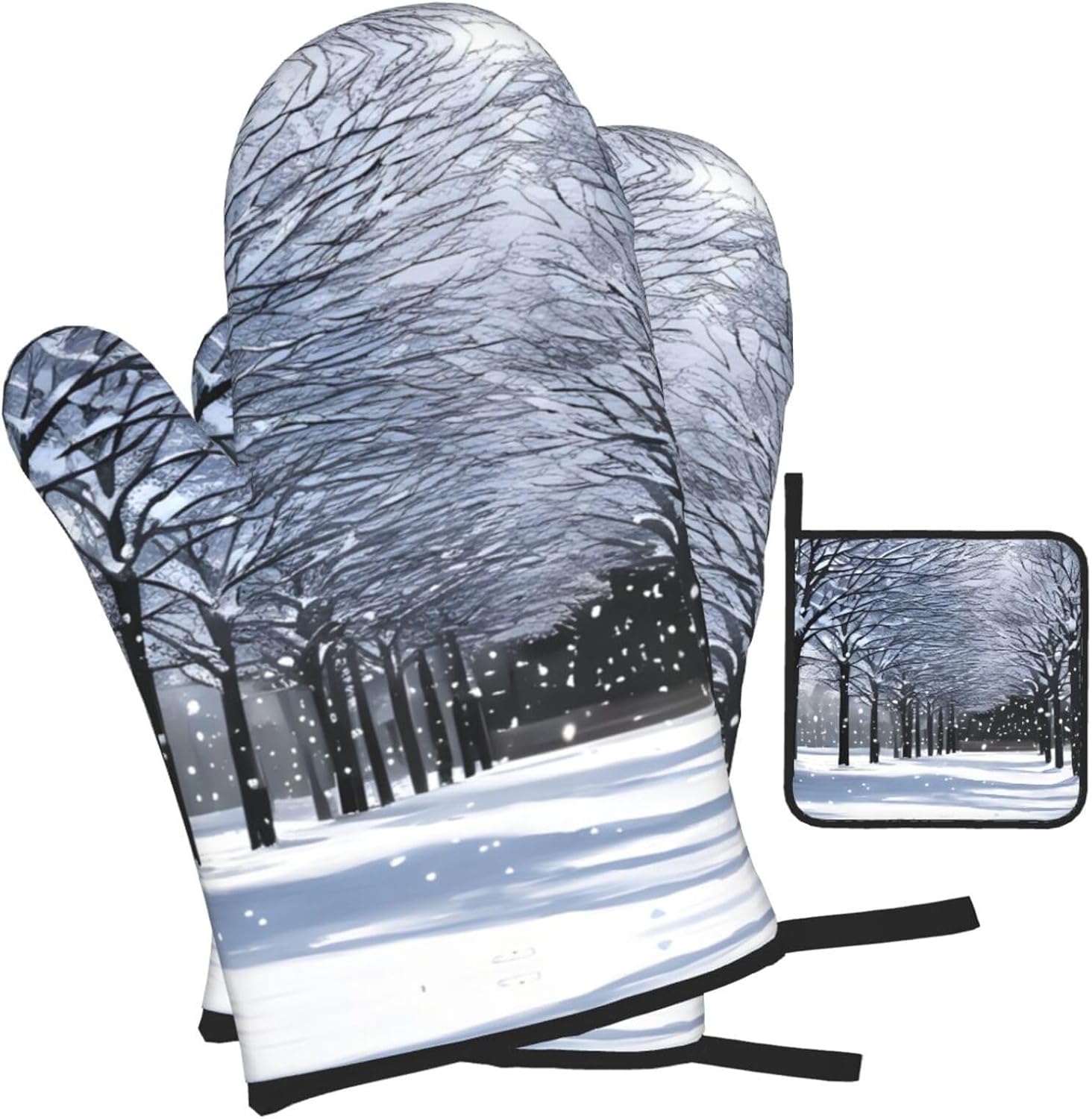 Snow Falling in The Park Print Heat Resistant Microwave Gloves, Used for Baking, Cooking, and Fashion Kitchen Essentials