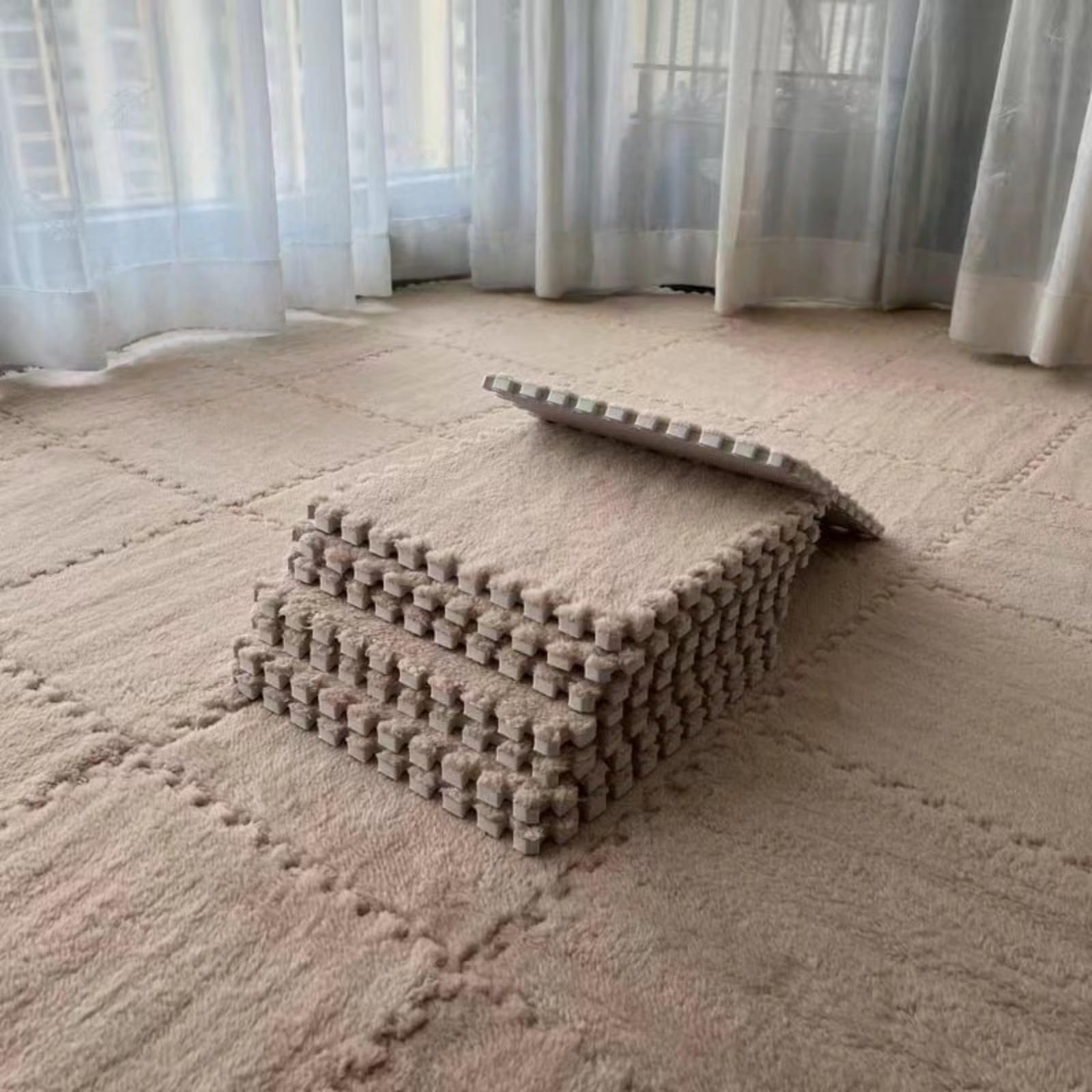 Hiseng 5/10 pcs Interlocking Foam Floor Tiles 30x30cm, Squares Puzzle Carpet Tiles Plush Floor Mats Soft Shaggy Foam Rug for Kids Bedroom Living Room Home Decoration, Solid Colors (Khaki,5pc)