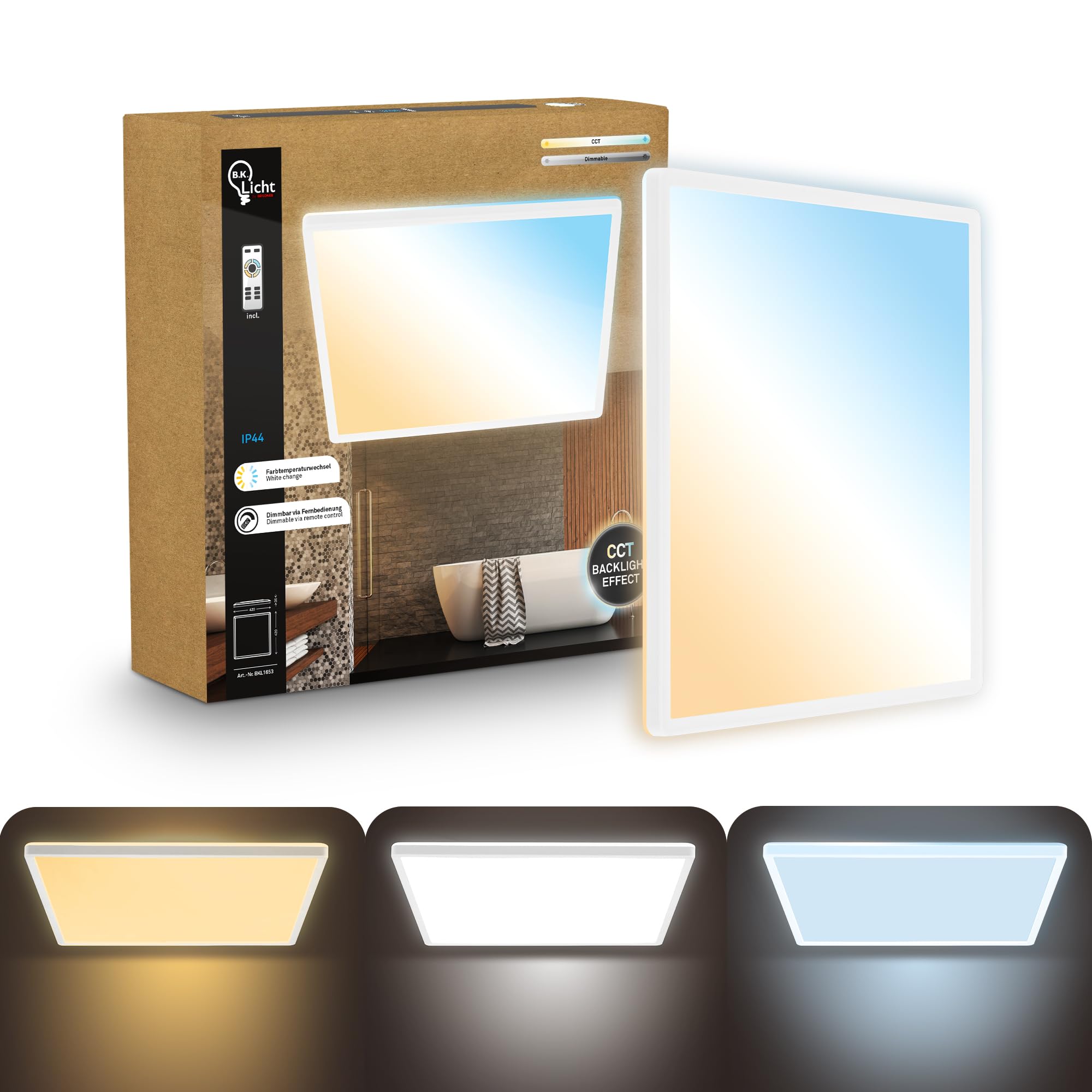 B.K.Licht - LED Deckenlampe, Flach, Dimmbar, Indirektes Licht, CCT warmweiß bis tageslichtweiß, IP44, Panel, Deckenleuchte, Kinderzimmer, Wohnzimmerlampe, Badezimmer Lampe, 42x42x3 cm, Weiß