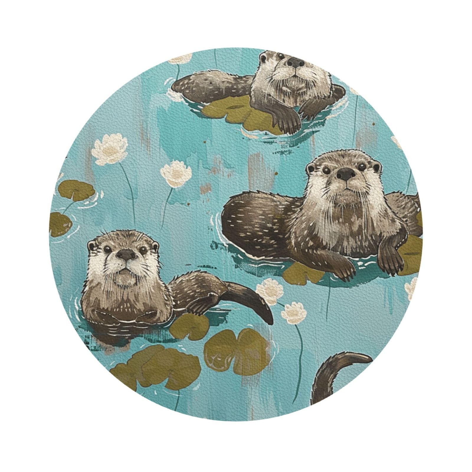 Otters Print Leather Coaster Set of 6, Round Shape Coasters Table Decorative Coffee Cup Beverage Coasters Wine Beer Bar Coasters for Hot Drinks Table Protection