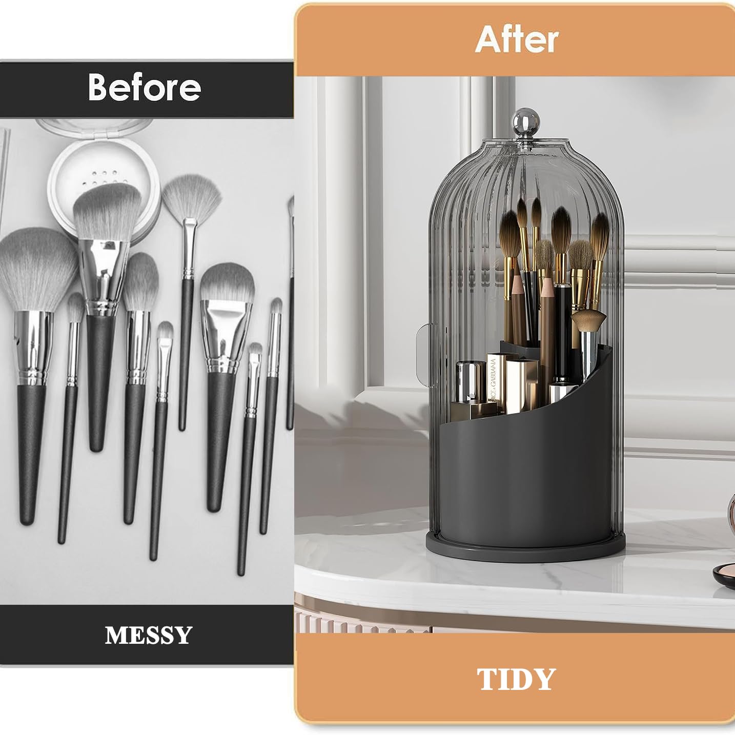 Porta pennelli da Trucco con Coperchio, Girevole a 360°, Organizer per Cosmetici da appoggio, Antipolvere, per Bagno, Trasparente (Tutto Nero)