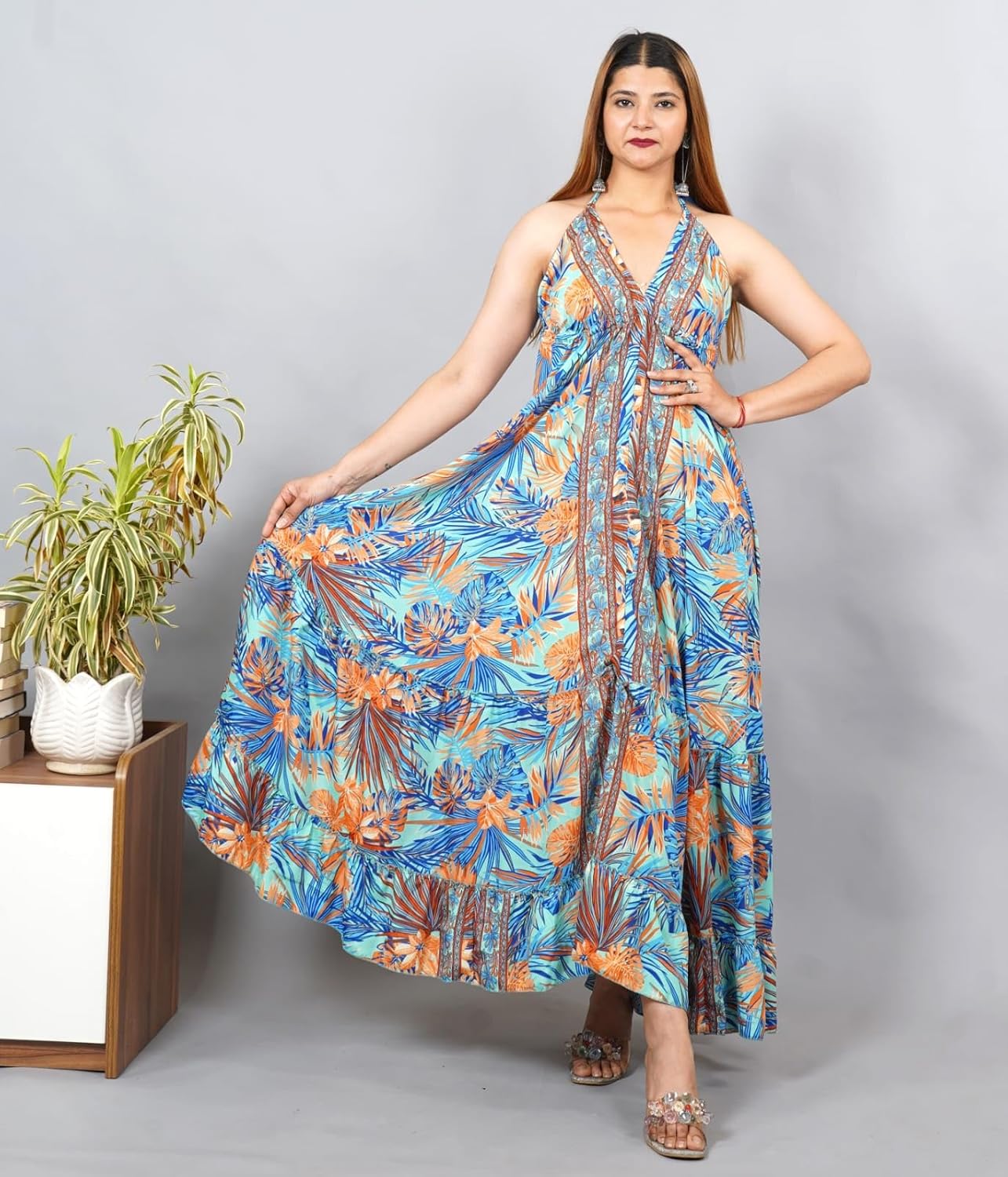 Floral Maxi Dress, V-Neck Halter, Boho Long Beach Sundress, Summner Dress - Image 3