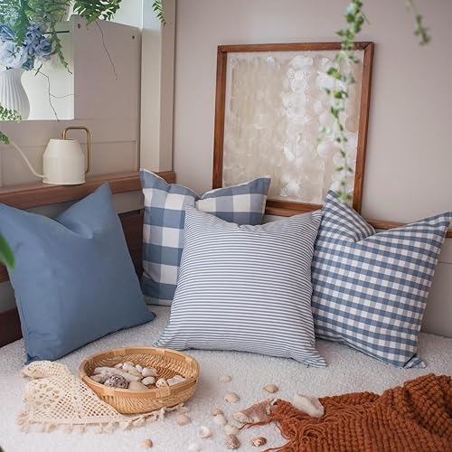 Miniatura 8 de HOPLEE Funda de cojín azul claro con cuadros de búfalo, color azul claro sólido, diseño a rayas y cuadros de guinga, 22 x 22 pulgadas, paquete de 4