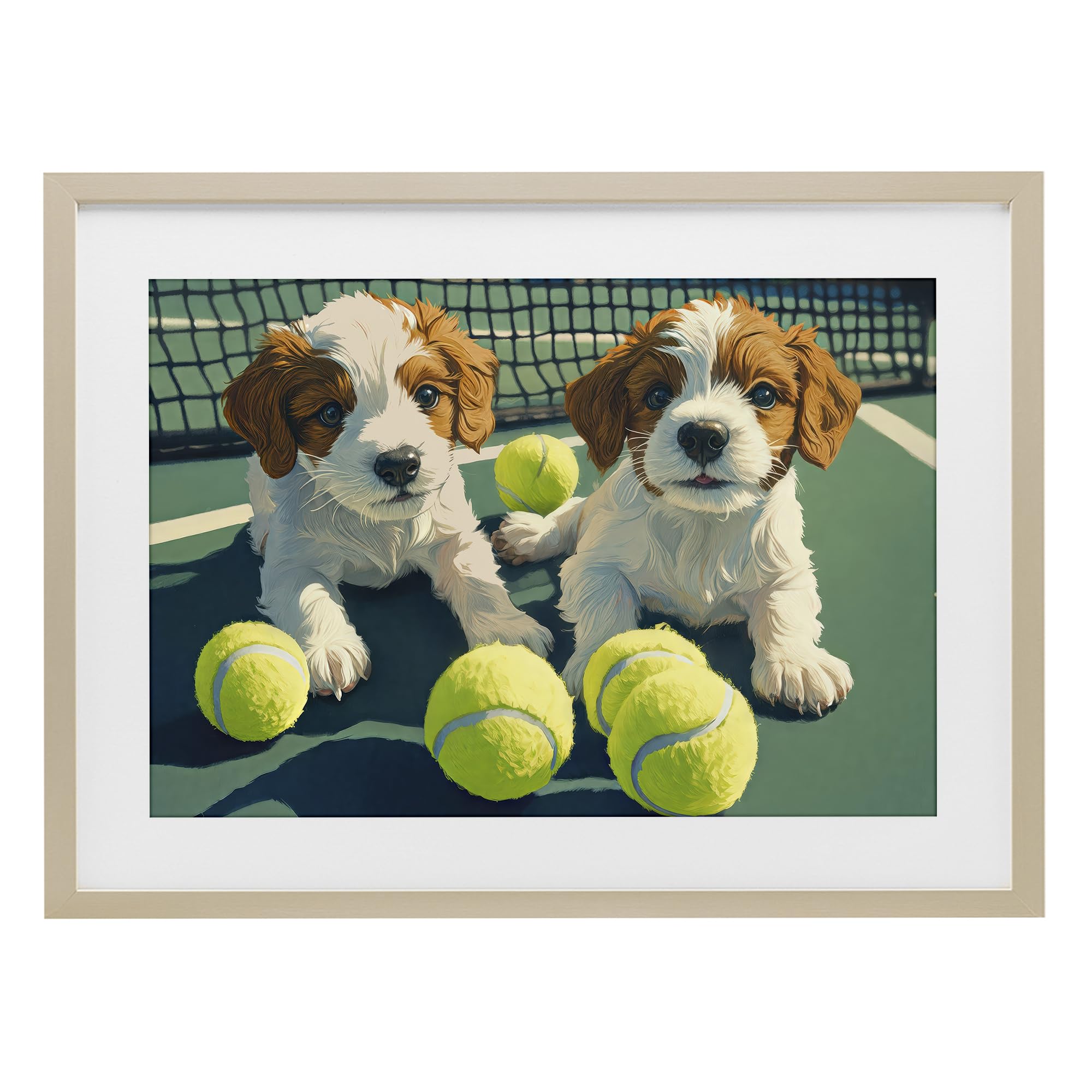 Stupell Industries 'Playful Puppies with Tennis Balls', Framed Print Under Glass, Brown, 20 x 14 Inches, Easy to Hang and Sturdy, Made in USA, by Imagine It Images