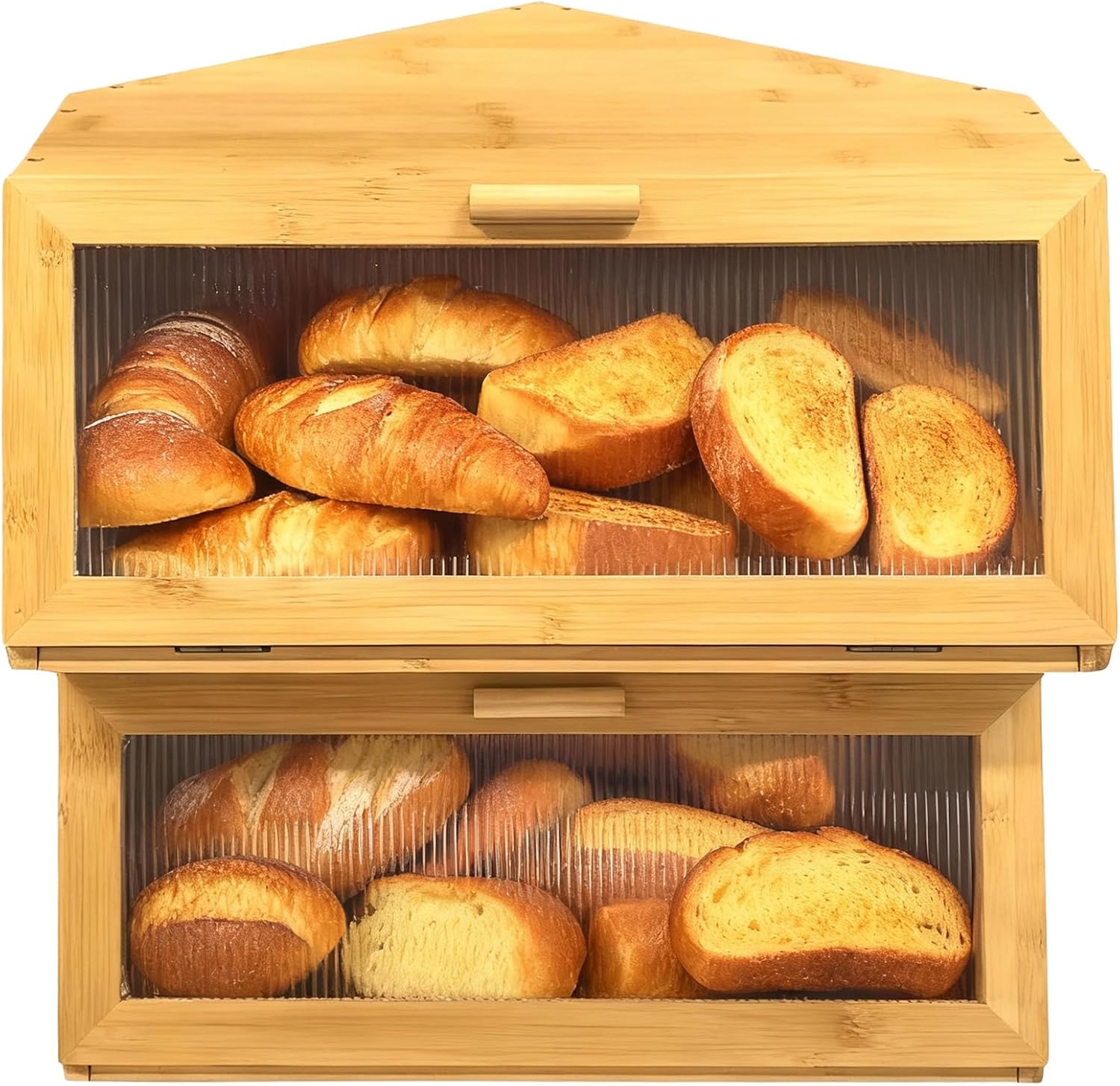 Double Corner Bread Box Storage for Kitchen Countertop. Extra Large Bamboo Bread Boxes. Double Layer Bread Bin for Kitchen Countertop Cabinet.