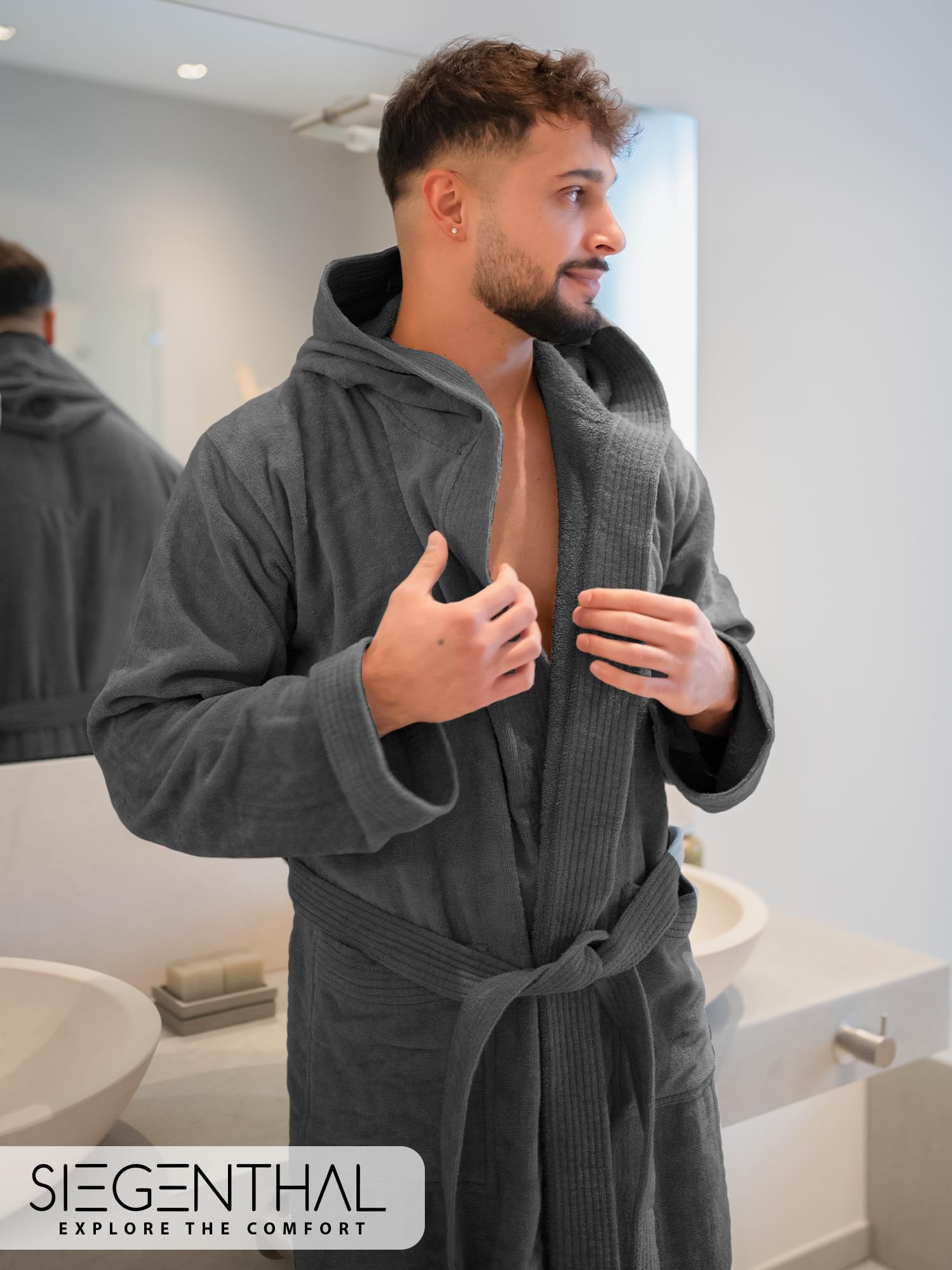 Herren Bademantel Frottee Velour 100% Baumwolle mit Kapuze Weich M bis XXL – Kuscheliger Bademantel, Soft, Waschbar, Komfortabel, Hohe Qualität