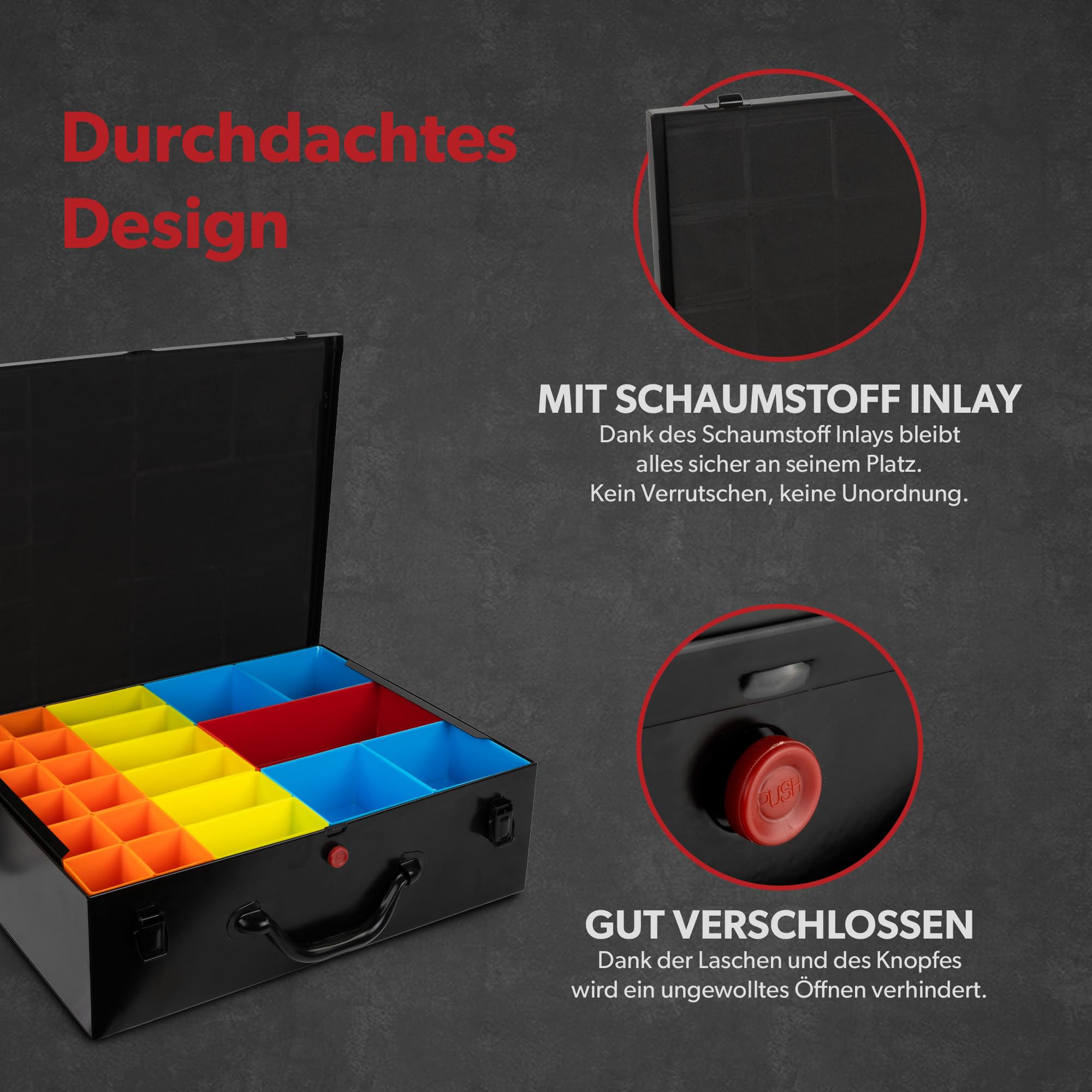 siwitec Stahlblechkoffer mit 23 tlg. Sortimentskasten, 43,1 x 33,5 x 6,8 cm, Sortierbox aus Edelstahl, Werkzeug Organiser, Sortierkasten Werkzeugkoffer leer, Kleinteilekoffer mit Einsätzen