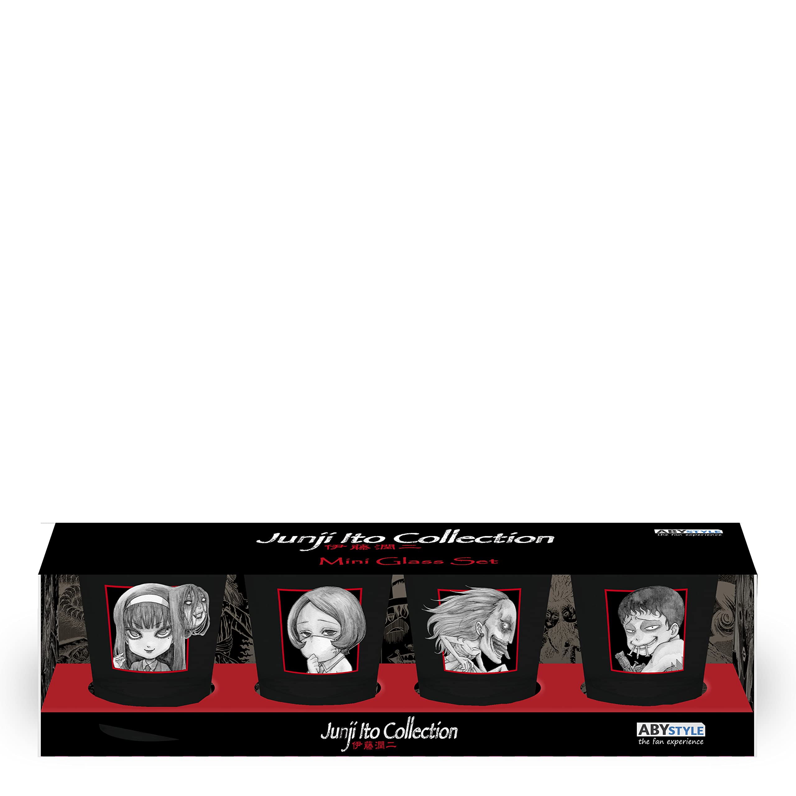 ABYSTYLE Junji Ito 4 Shot Glasses 1.7 Oz Featuring Tomie, Souichi & Fuchi Anime Manga Drinkware Home Essentials Gift